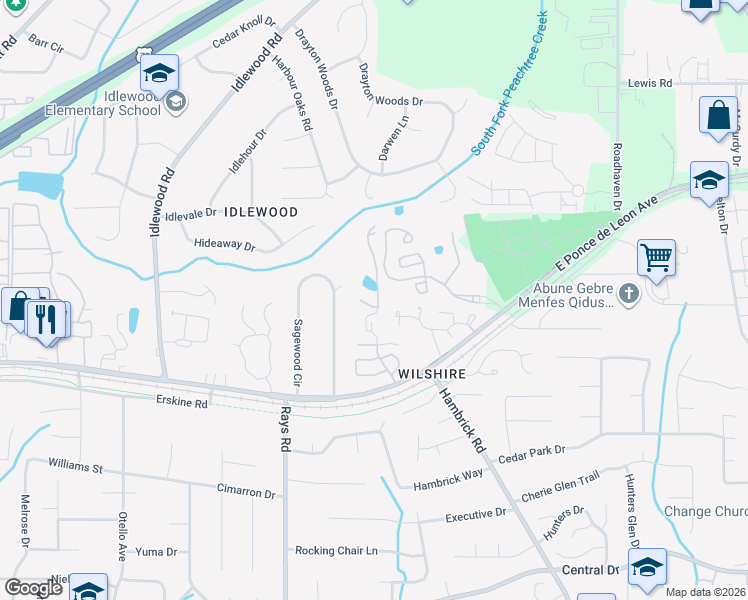 map of restaurants, bars, coffee shops, grocery stores, and more near 4010 Orchard Hill Terrace in Stone Mountain