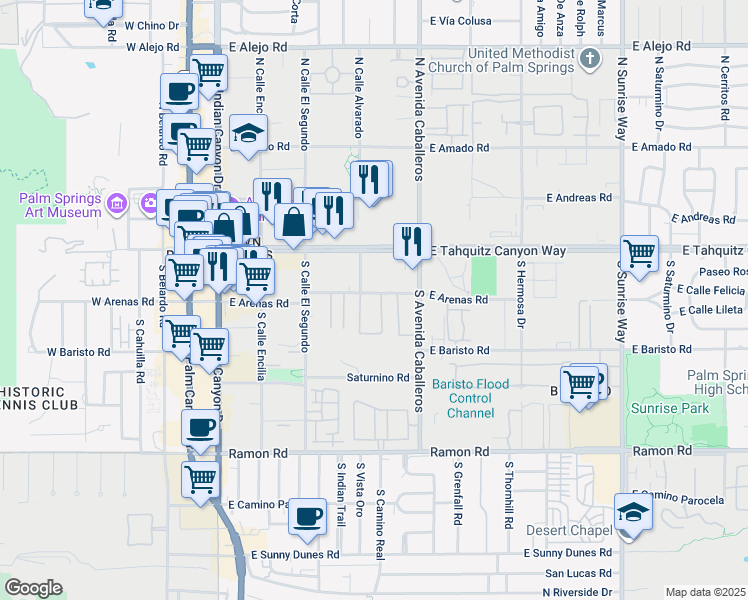 map of restaurants, bars, coffee shops, grocery stores, and more near 802 East Arenas Road in Palm Springs