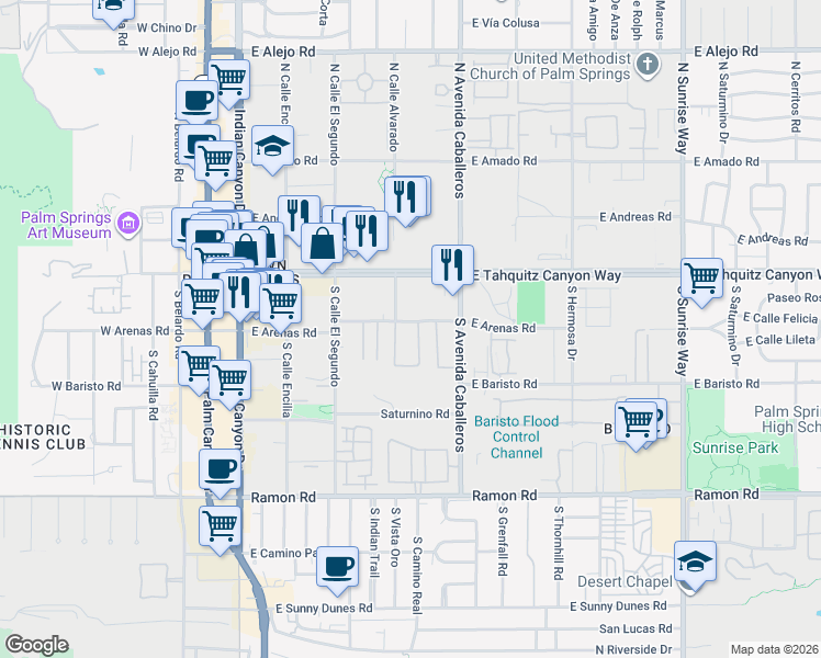 map of restaurants, bars, coffee shops, grocery stores, and more near 802 East Arenas Road in Palm Springs