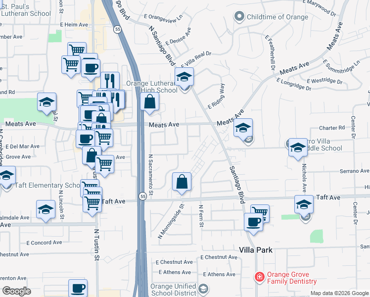map of restaurants, bars, coffee shops, grocery stores, and more near 2050 East Grove Avenue in Orange