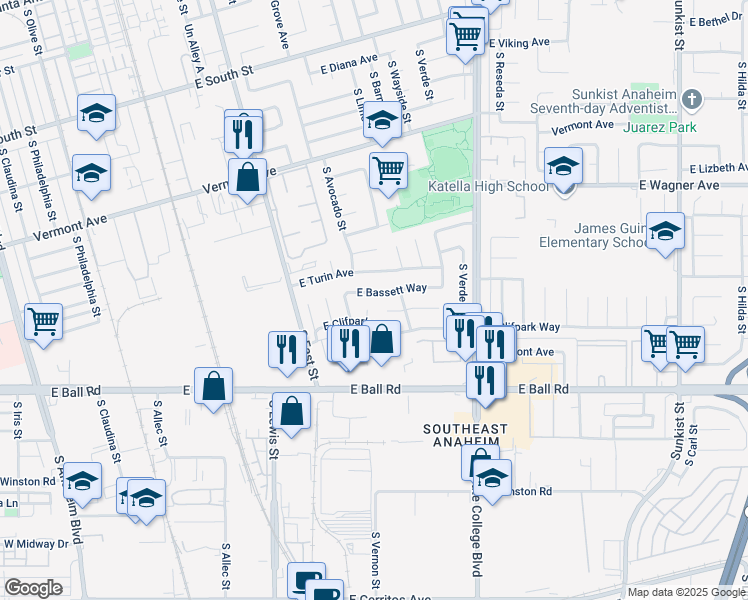 map of restaurants, bars, coffee shops, grocery stores, and more near 1406 East Turin Avenue in Anaheim