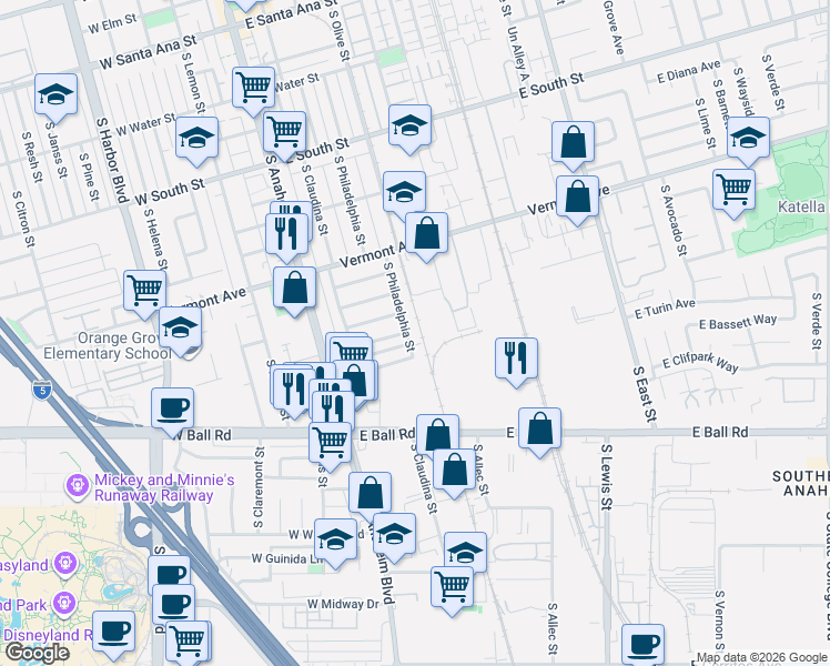 map of restaurants, bars, coffee shops, grocery stores, and more near 245 East Florence Avenue in Anaheim