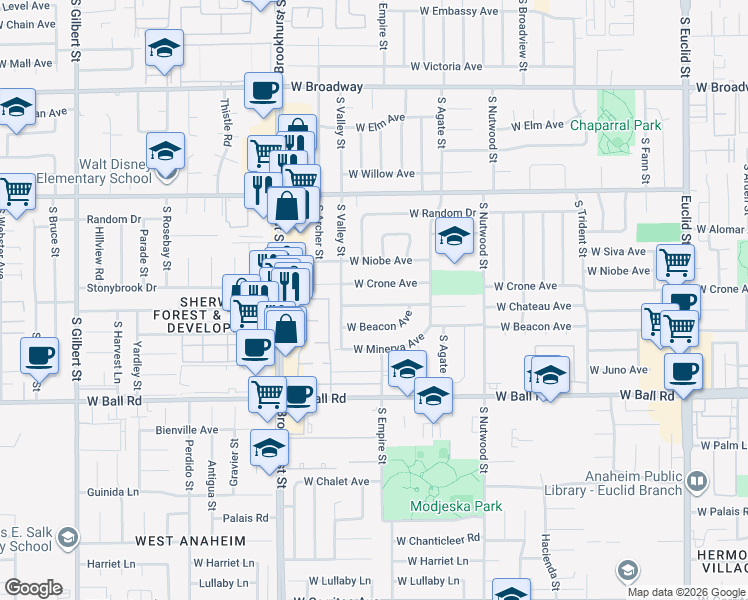 map of restaurants, bars, coffee shops, grocery stores, and more near 2121 West Crone Avenue in Anaheim
