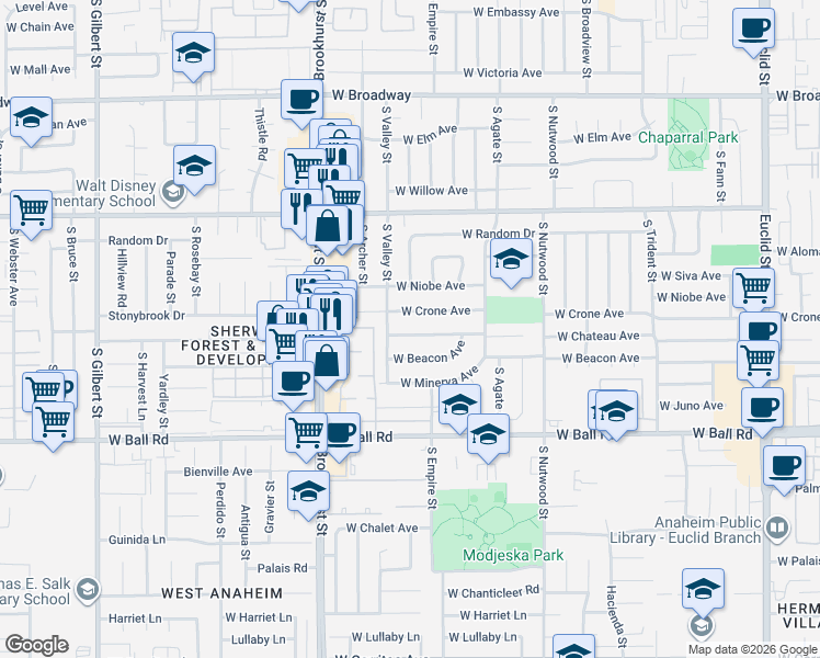 map of restaurants, bars, coffee shops, grocery stores, and more near 2121 West Crone Avenue in Anaheim