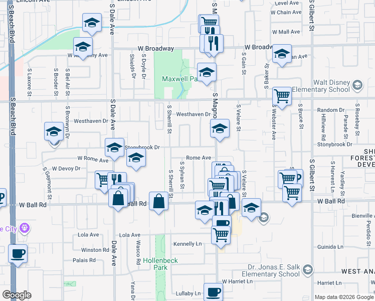 map of restaurants, bars, coffee shops, grocery stores, and more near 728 South Verona Street in Anaheim