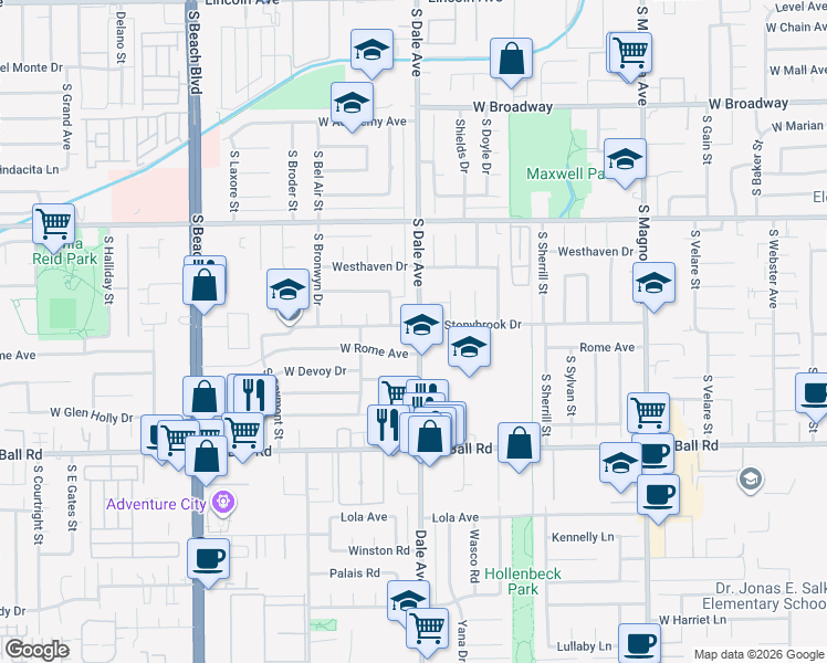 map of restaurants, bars, coffee shops, grocery stores, and more near 722 South Newcastle Drive in Anaheim