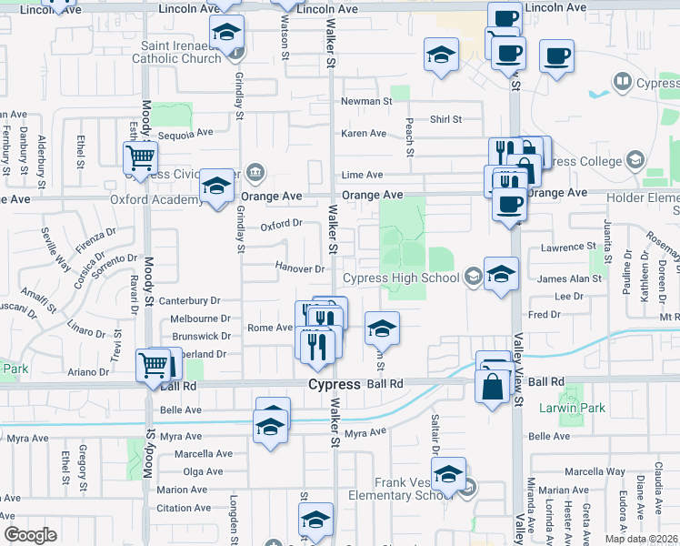 map of restaurants, bars, coffee shops, grocery stores, and more near 9642 Walker Street in Cypress