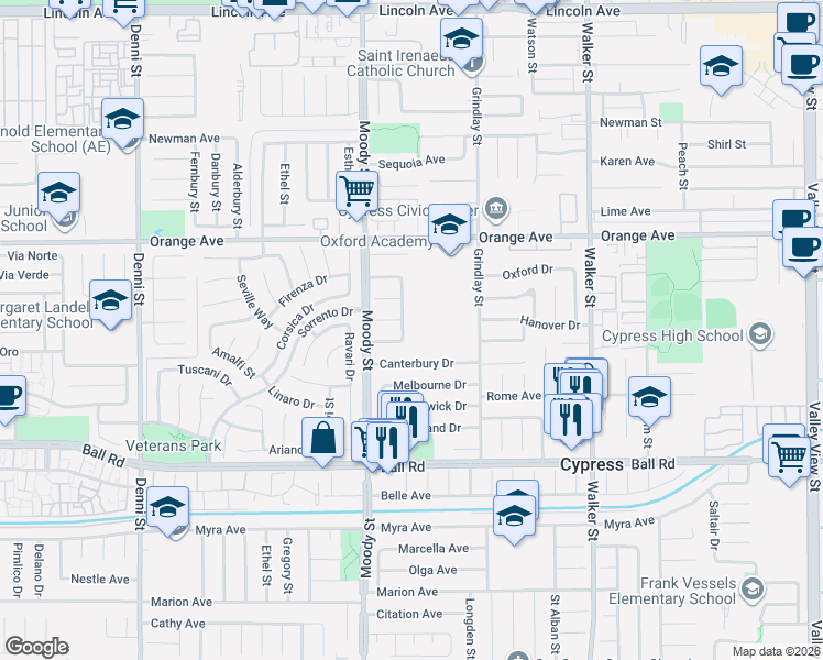 map of restaurants, bars, coffee shops, grocery stores, and more near 9642 Salisbury Lane in Cypress