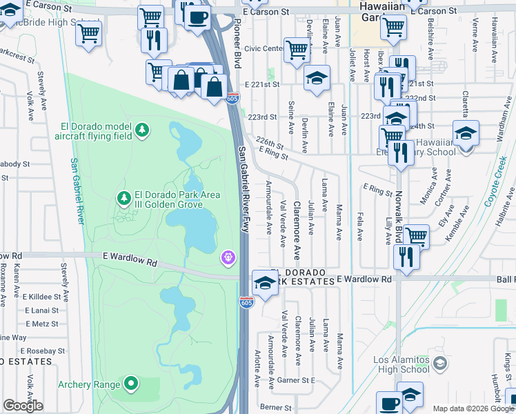 map of restaurants, bars, coffee shops, grocery stores, and more near 7825 East Tula Street in Long Beach