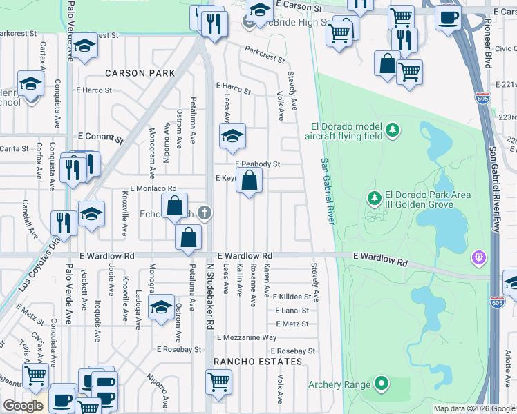 map of restaurants, bars, coffee shops, grocery stores, and more near 3549 Roxanne Avenue in Long Beach