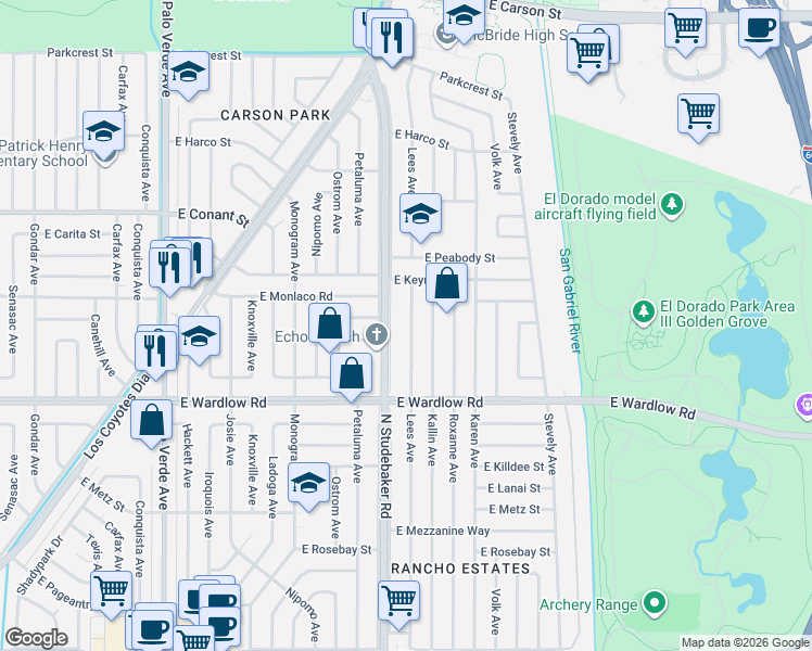 map of restaurants, bars, coffee shops, grocery stores, and more near 3546 Lees Avenue in Long Beach