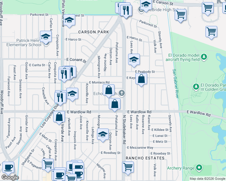 map of restaurants, bars, coffee shops, grocery stores, and more near 6746 East Monlaco Road in Long Beach