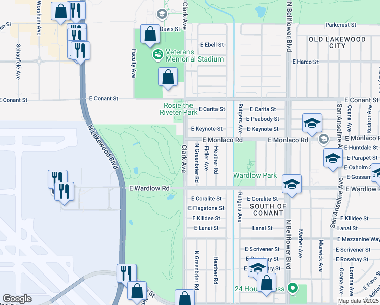 map of restaurants, bars, coffee shops, grocery stores, and more near in Long Beach