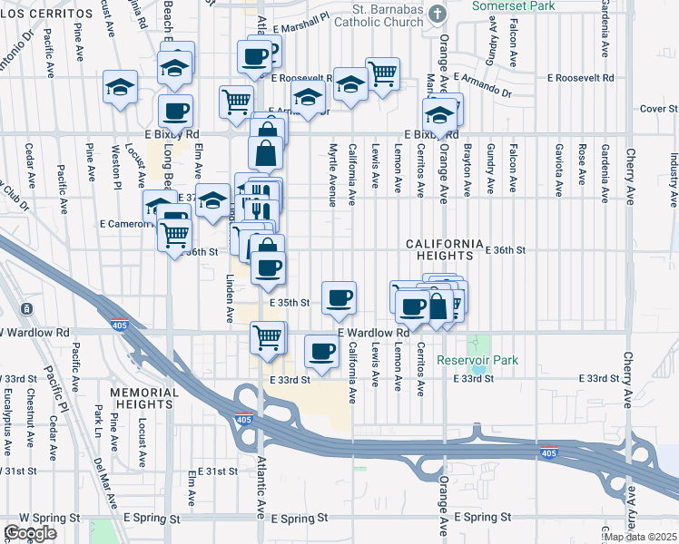 map of restaurants, bars, coffee shops, grocery stores, and more near 824 East 36th Street in Long Beach