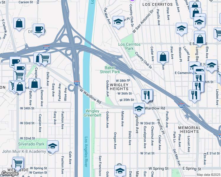 map of restaurants, bars, coffee shops, grocery stores, and more near 3719 Maine Avenue in Long Beach