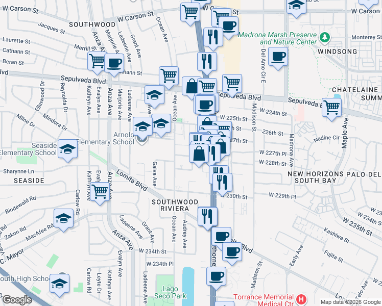 map of restaurants, bars, coffee shops, grocery stores, and more near 3835 Merit Place in Torrance