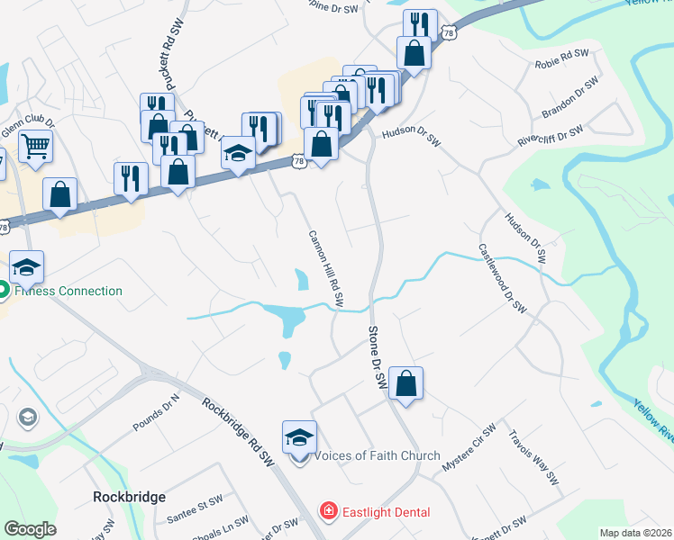 map of restaurants, bars, coffee shops, grocery stores, and more near 2278 Cannon Hill Road Southwest in Lilburn