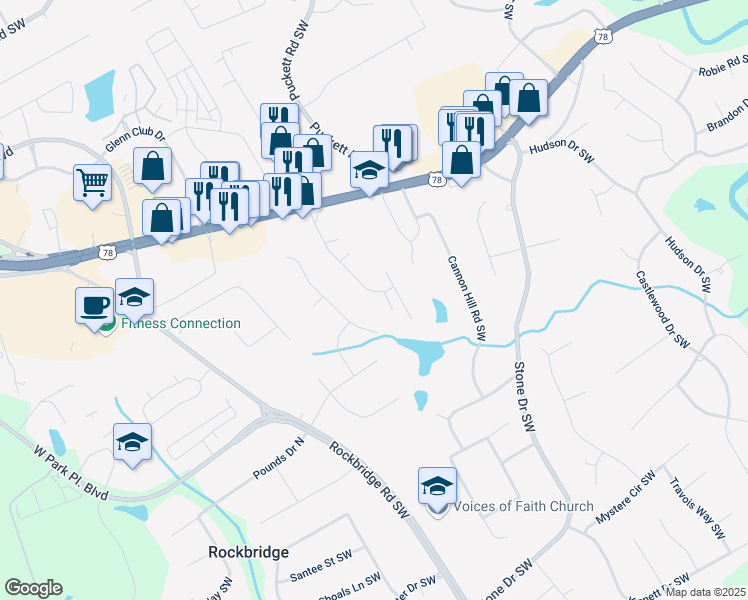 map of restaurants, bars, coffee shops, grocery stores, and more near 2213 Davis Road Southwest in Stone Mountain
