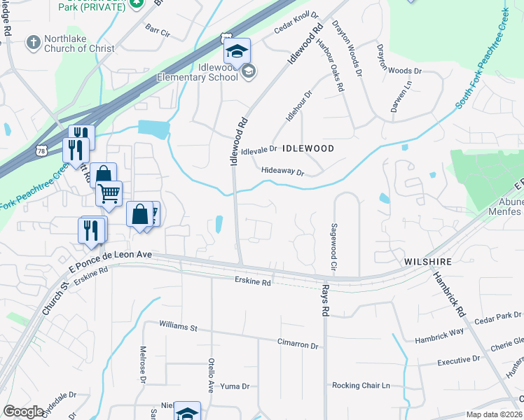 map of restaurants, bars, coffee shops, grocery stores, and more near 4091 Brookside Manor Drive in Tucker