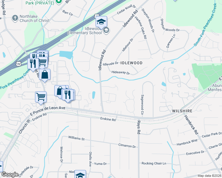 map of restaurants, bars, coffee shops, grocery stores, and more near 4082 Brookside Manor Drive in Tucker