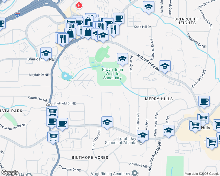 map of restaurants, bars, coffee shops, grocery stores, and more near 1454 Holly Ln NE in Atlanta