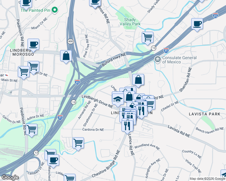 map of restaurants, bars, coffee shops, grocery stores, and more near 1044 Lindridge Drive Northeast in Atlanta