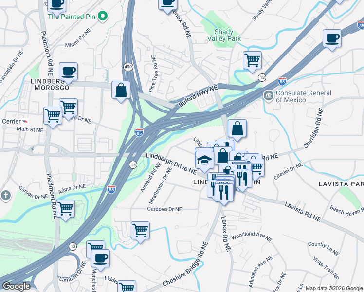 map of restaurants, bars, coffee shops, grocery stores, and more near 1016 Lindridge Drive Northeast in Atlanta