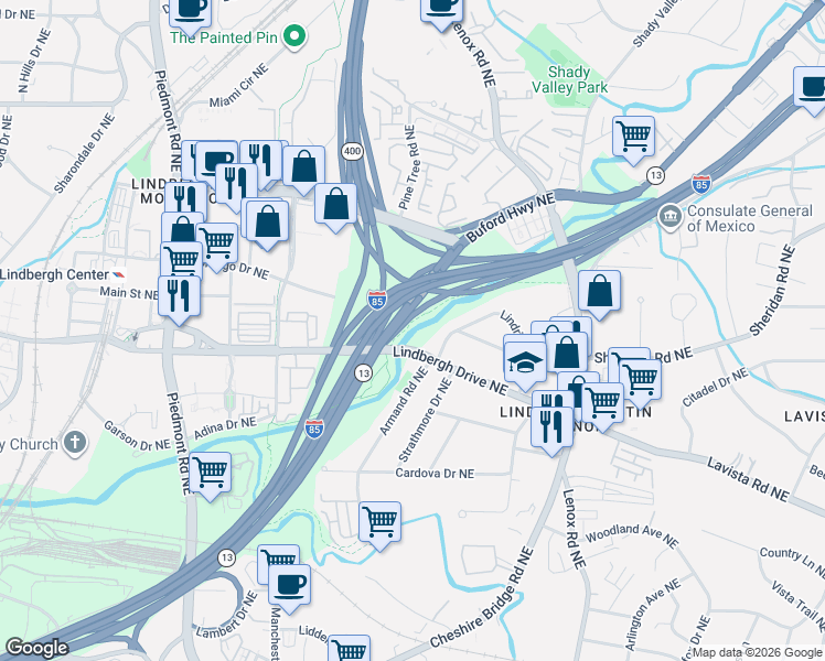 map of restaurants, bars, coffee shops, grocery stores, and more near Buford Spring Connector in Atlanta