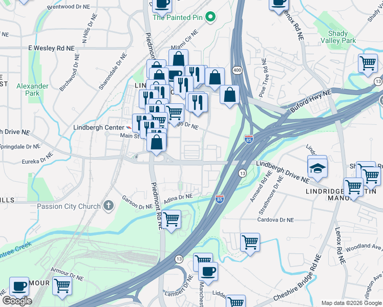 map of restaurants, bars, coffee shops, grocery stores, and more near 581 Broadview Place Northeast in Atlanta