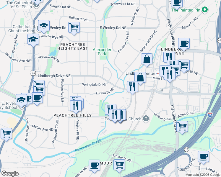 map of restaurants, bars, coffee shops, grocery stores, and more near 351 Lindbergh Drive Northeast in Atlanta