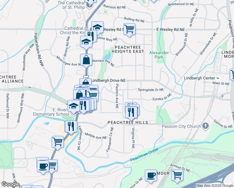 map of restaurants, bars, coffee shops, grocery stores, and more near 208 Terrace Drive Northeast in Atlanta