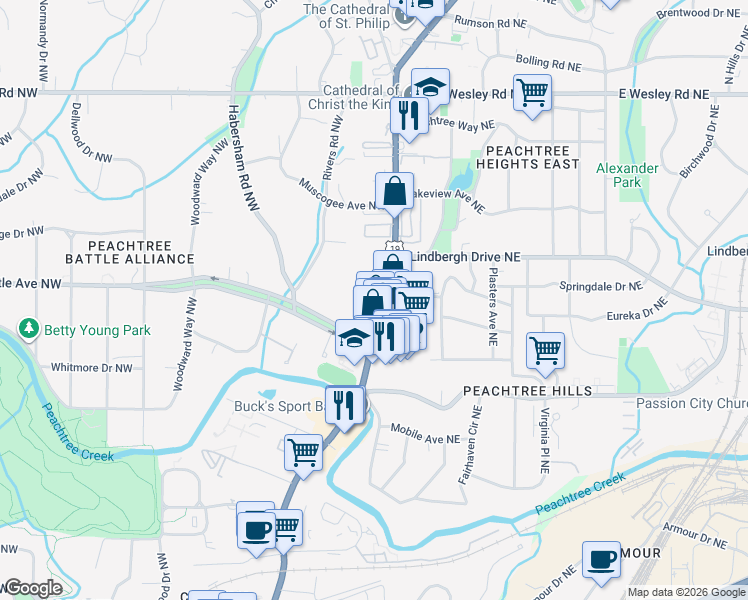 map of restaurants, bars, coffee shops, grocery stores, and more near 2460 Peachtree Road Northwest in Atlanta