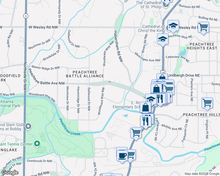 map of restaurants, bars, coffee shops, grocery stores, and more near 211 Peachtree Battle Avenue Northwest in Atlanta