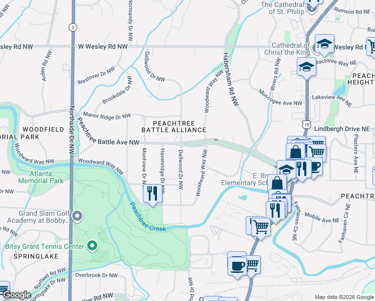 map of restaurants, bars, coffee shops, grocery stores, and more near 309 Peachtree Battle Avenue Northwest in Atlanta