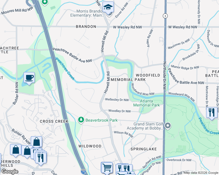 map of restaurants, bars, coffee shops, grocery stores, and more near 2397 Howell Mill Road Northwest in Atlanta