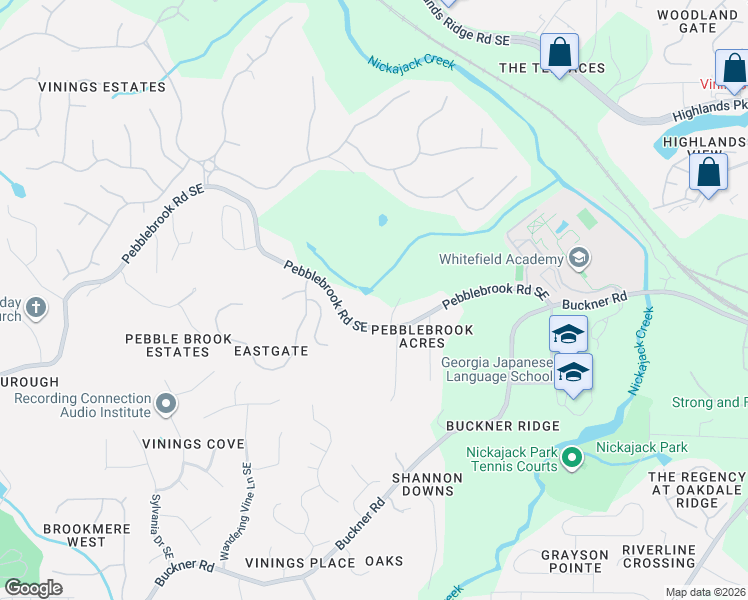 map of restaurants, bars, coffee shops, grocery stores, and more near 1203 Pebblebrook Road Southeast in Mableton
