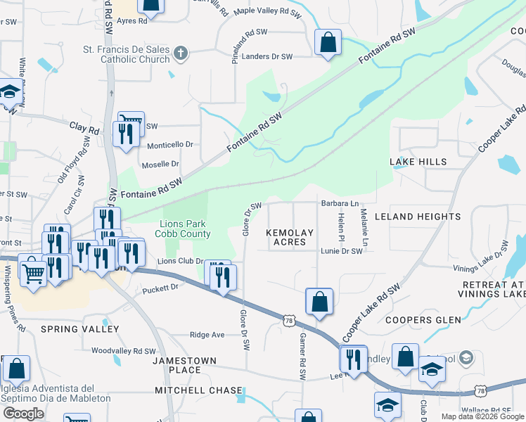 map of restaurants, bars, coffee shops, grocery stores, and more near 5442 Kemmie Lane in Mableton