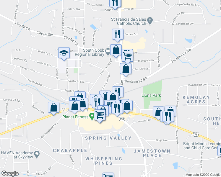 map of restaurants, bars, coffee shops, grocery stores, and more near 5417 Carol Circle Southwest in Mableton
