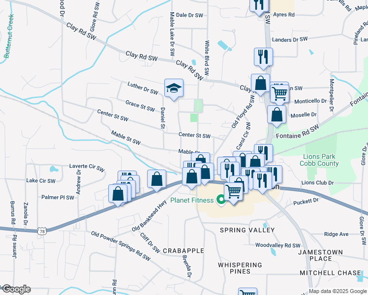 map of restaurants, bars, coffee shops, grocery stores, and more near 5412 Peak Street in Mableton