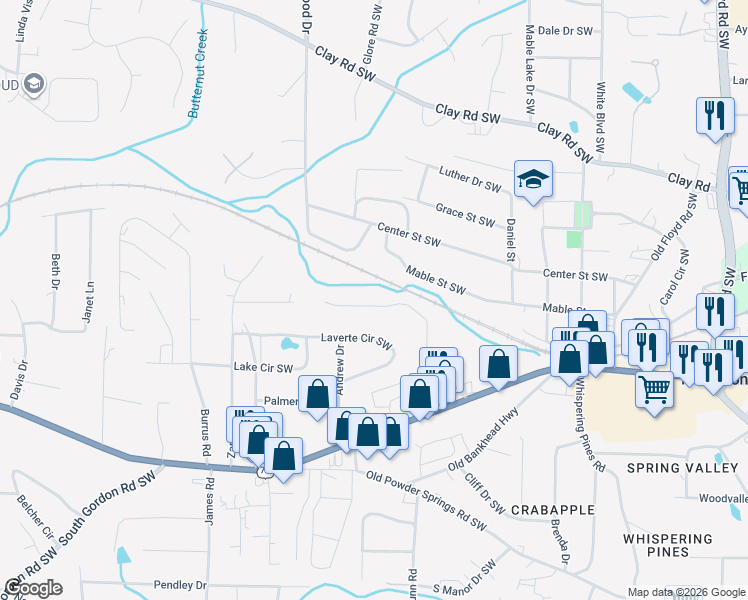 map of restaurants, bars, coffee shops, grocery stores, and more near 1259 Vonda Lane Southwest in Mableton