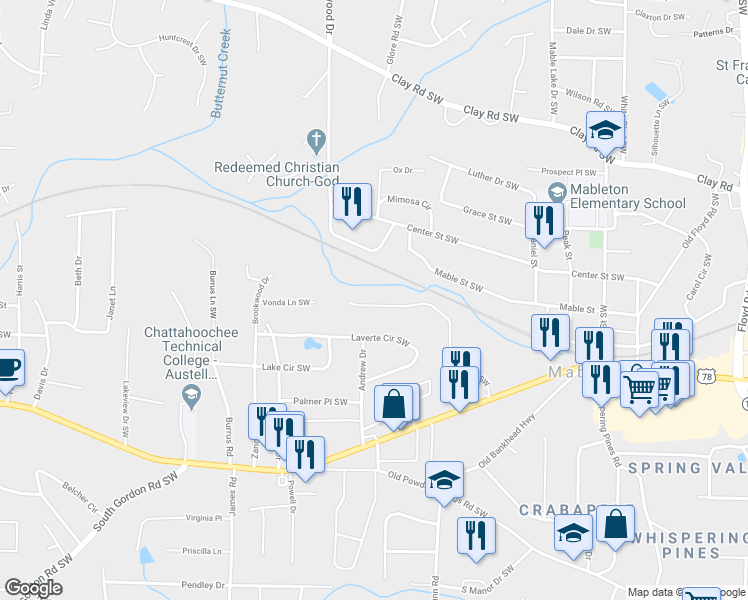 map of restaurants, bars, coffee shops, grocery stores, and more near 1349 Vonda Lane Southwest in Mableton