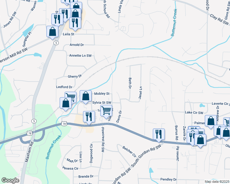 map of restaurants, bars, coffee shops, grocery stores, and more near 5466 Davis Drive in Austell