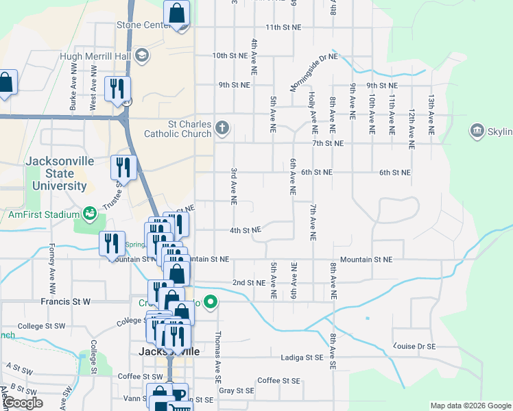 map of restaurants, bars, coffee shops, grocery stores, and more near 507 3rd Avenue Northeast in Jacksonville