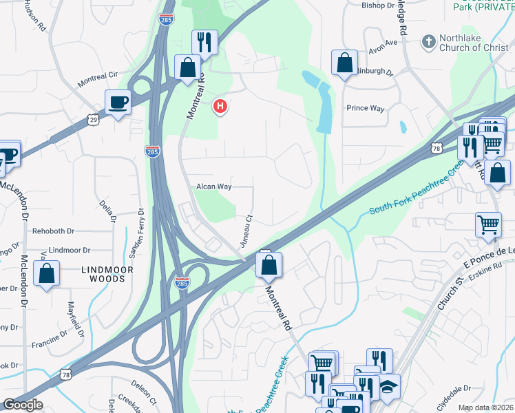 map of restaurants, bars, coffee shops, grocery stores, and more near 1389 Juneau Court in Tucker