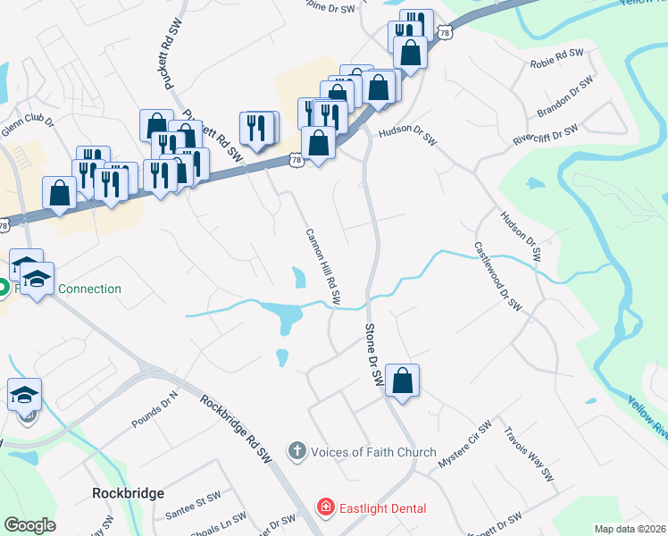 map of restaurants, bars, coffee shops, grocery stores, and more near 2278 Cannon Hill Road Southwest in Lilburn