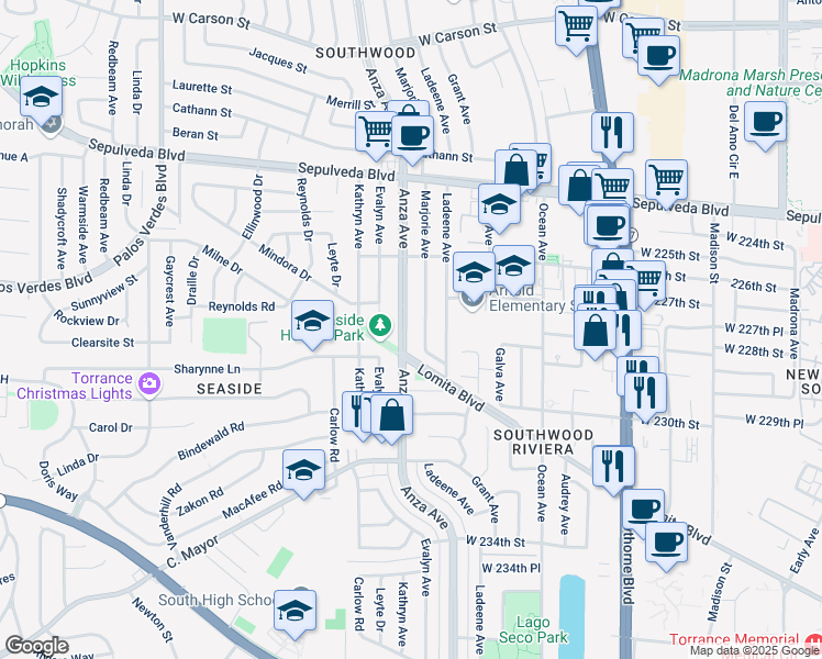 map of restaurants, bars, coffee shops, grocery stores, and more near 22715 Marjorie Avenue in Torrance