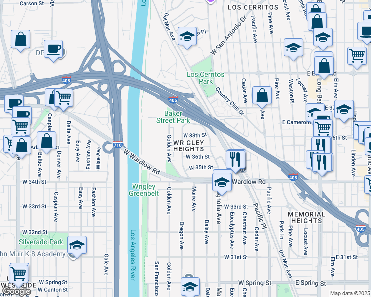 map of restaurants, bars, coffee shops, grocery stores, and more near 3618 Maine Avenue in Long Beach