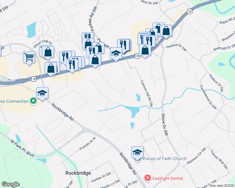 map of restaurants, bars, coffee shops, grocery stores, and more near 2194 Davis Road Southwest in Stone Mountain
