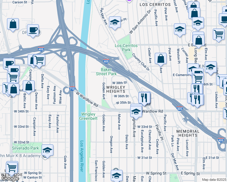 map of restaurants, bars, coffee shops, grocery stores, and more near 3618 Maine Avenue in Long Beach