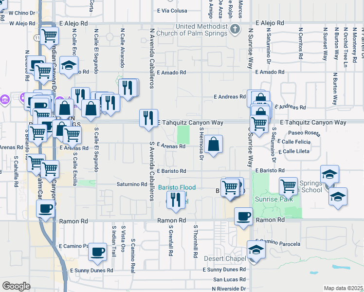 map of restaurants, bars, coffee shops, grocery stores, and more near East Arenas Road in Palm Springs